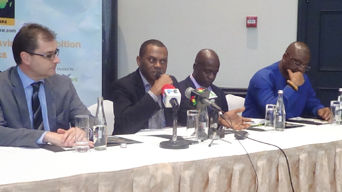  Mr Ellis Hugh Tamakloe (2nd left), a director of the Ministry of Aviation, addressing the media. Looking on is Mr Charles Hanson Adu (2nd right), Deputy Managing Director/Operations and Technical of the Ghana Airport, and Kwesi Taylor (right), Consultant, Air Expo Ghana. PICTURE: INNOCENT K. OWUSU.
