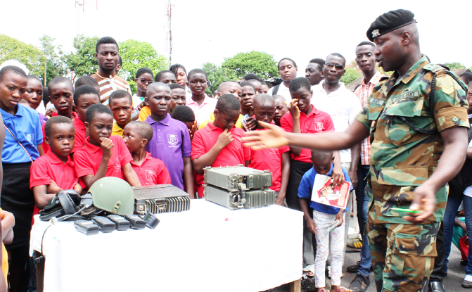 An Army officer explaining how some of their tools are used to the participants  Picture: BENEDICT OBUOBI