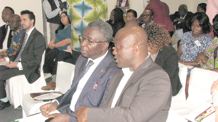  Mohammed Adjei Sowah (right) interacting with Prof. Kwabena Frimpong-Boateng, Minister of Environment, Science, Technology and Innovation, at the C40 African Adaption Forum. Picture: ESTHER ADJEI
