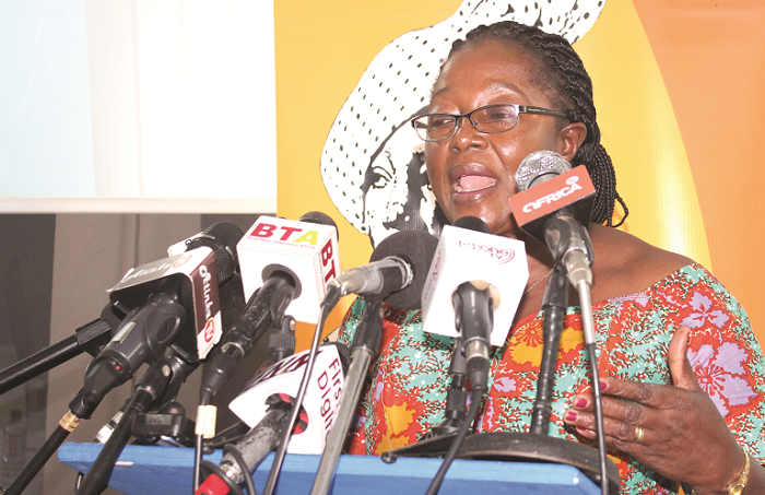  Mrs Magdalene Kannae, Board Member, Wildaf, delivering a statement at a press conference in Accra. Picture: BENEDICT OBUOBI