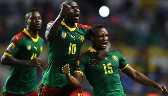 Cameroon players celebrate their nation's first Afcon victory since beating Zambia in 2010 - a run of six matches