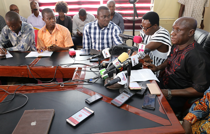  Nana Obiri Boahene (right) addressing a press conference in Accra. Looking on are Mr Bob Charles Agbontor (2nd right), a Deputy General Secretary, NPP, and others. Picture: SAMUEL TEI ADANO