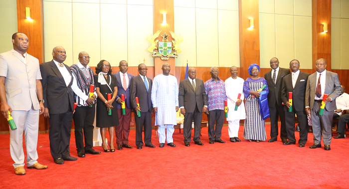  President Akufo-Addo and Vice-President Mahamudu Bawumia with the ministers after they were sworn in at the Flagstaff House yesterday. Picture: SAMUEL TEI ADANO