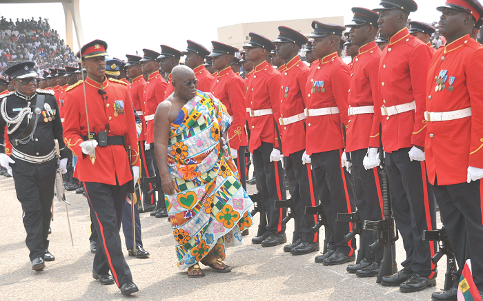 President Nana Akufo-Addo inspecting a Guard of honour mounted by a detachment of the Ghana Army at the Black Star Square last Saturday. Picture: EBOW HANSON