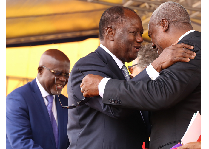  Well done my brother, President Alhassane Dramane Ouattara of Cote d'Ivoire tells Former President Mahama at the Black Star Square last Saturday. Picture: EBOW HANSON.
