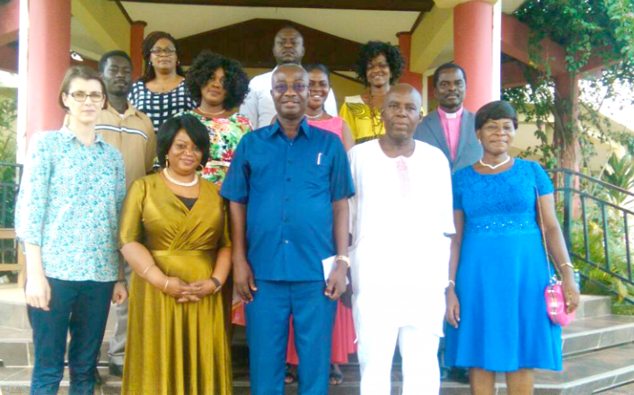 The President of ANUC, Dr Donkor (middle), and his wife, Mrs Rose Donkor (second left), with the beneficiaries of scholarships. With them are Prof. Lawson (second), a former Dean of the University of Ghana Medical School, and Rev Adriana Ion (lef), the Registrar of ANUC