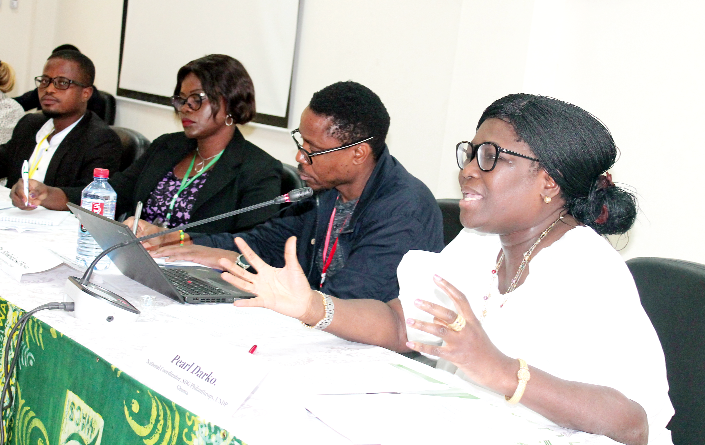 Ms Pearl Darko (right) making a presentation at the dialogue. Those with her include Dr Bhekinkosi Moyo (2nd right), and Mr Solomon Amoah (left) Picture: Maxwell Ocloo