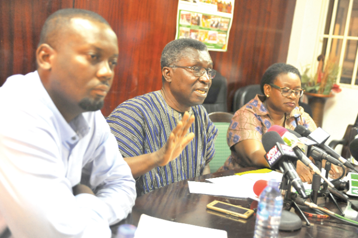 Professor Kwabena Frimpong Boateng addressing the press on the new anti galamsey initiatives in Accra. With him are Mr Godwin Amarh, Secretary of the Ghana National Association of Small Scale Miners, and Ms Carol Annang, Member of Media Coalition On Galamsey.