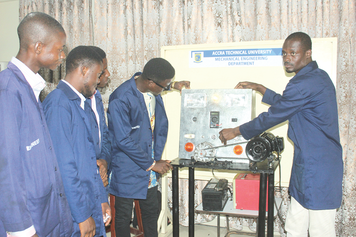 Some engineering students of the Accra Technical University presenting their project in the exhibition room. Picture: Obed Duku