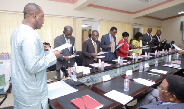 • Dr Matthew Opoku Prempeh (left), the Minister of Education, swearing in the new governing council of the University of Ghana at the Ministry of Education Conference Room in Accra. Picture: EMMANUEL ASAMOAH ADDAI 