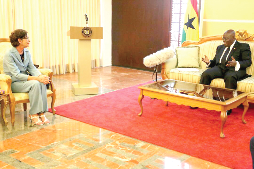 President Nana Addo Dankwa Akufo-Addo interacting  with Maria Jesus Alonso, Spanish Ambassador to Ghana during her call on him at the Flagstaff House in Accra