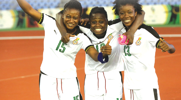 Princesses’ goal heroines, Helena Obeng (left), Princella Adubea are joined by Adizatu Kubrah Mustapha to celebrate their goals