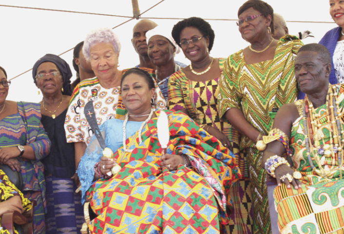 The First Lady, Mrs Rebecca Akufo-Addo, sitting in state after her enstoolment under the stool name Naa Djangmahkuor I