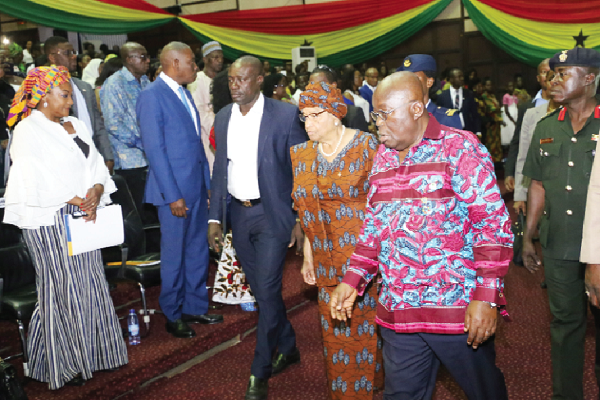 President Akufo-Addo (right), and Mrs Ellen Johnson Sirleaf (2nd right) and some dignitaries to the ceremony. Picture: SAMUEL TEI ADANO