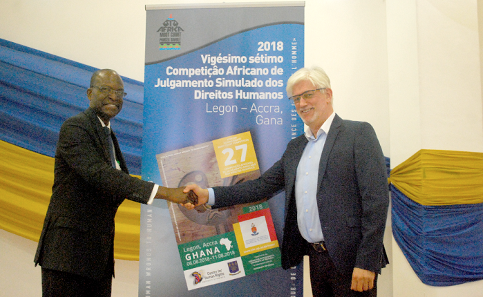 Prof. Edward Kofi Quashigah (left) and Prof. Frans Viljoen launching the  27th African Human Rights Moot Court at the University of Ghana, Legon