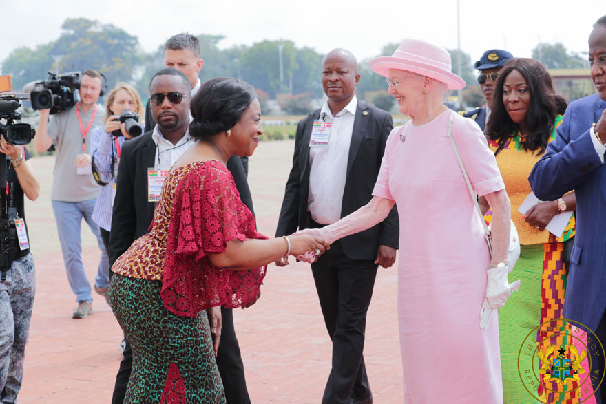 Foreign Minister, Shirley Ayorkor Botchway welcoming the Queen of Denmark to the Presidency