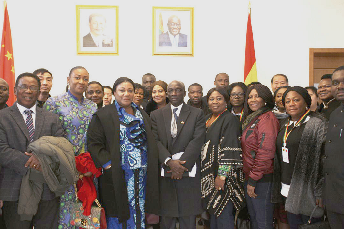 Mrs Rebecca Akufo-Addo, First Lady, with officials of the Ghana Embassy in Beijing, China. On her left is Ghana’s Ambassador to China, Mr Edward Boateng. First from left is Prof. Kwesi Yankah, Minister of State in-charge of Tertiary Education
