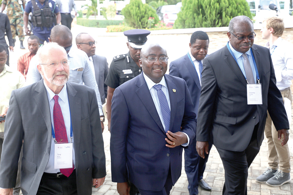 Vice-President Dr Mahamudu Bawumia being ushered into the African Research University Alliance conference by Prof. Ernest Aryeetey (right) and Prof. Finn Tarp (left), Director, UNU-WIDER. Picture: SAMUEL TEI ADANO  