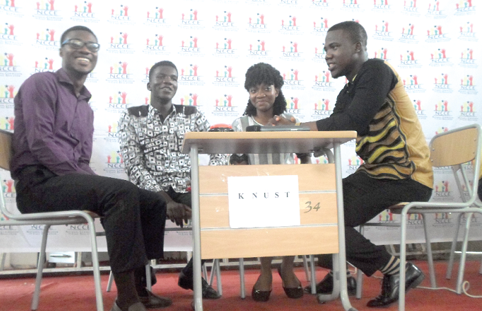 Representatives of KNUST who won the quiz. They are (from left to right): Kofi Appeakorang Twum-Ampofo, Benjamin Bentsi, Esinam Akyaa Osei-Bonsu and Jacob Johnson Attakpah