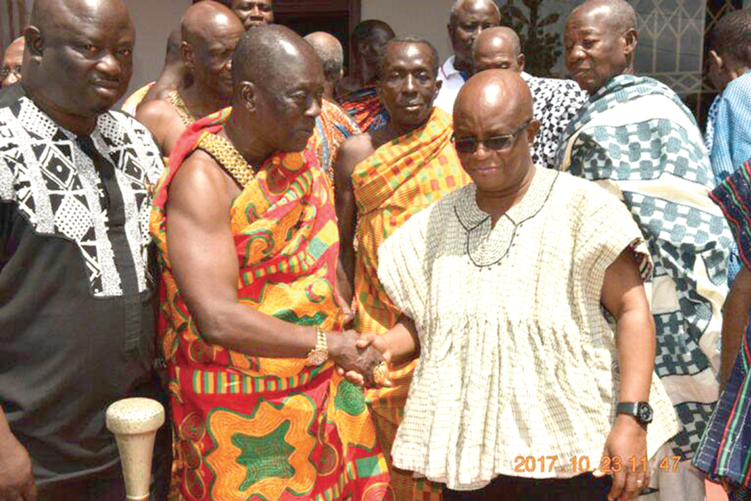 The paramount chief of the Krachi Traditional Area, Nana Mprah Besemuna III, welcoming the Regional Minister, Dr Archibald Yao Letsa (right), and his entourage 