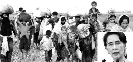 Some fleeing Rohingya refugees .Insert:Aung San Suu Kyi