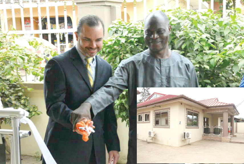 Mr John Sparks (left) and Mr Thunde cutting the tape to open the centre. INSET: The newly inaugurated World Vision Shared Services Centre Ghana
