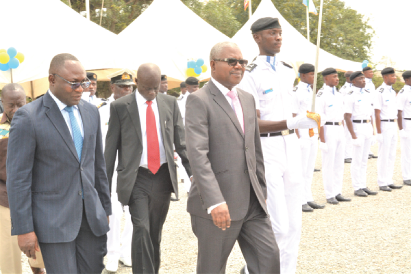 Mr Ankrah (right) and Professor Nyarko inspecting the guard of honour mounted by the school’s cadet. 