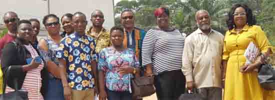 Professor Kwame Karikari (2nd-right), the Board Chairman of the GCGL; Mrs Mavis Kitcher (right), Director, News; Mr Kobby Asmah (arrowed), Editor of the Daily Graphic, with some of the resource persons and participants after the two-day training programme at Tutu Akuapem in the Eastern Region 