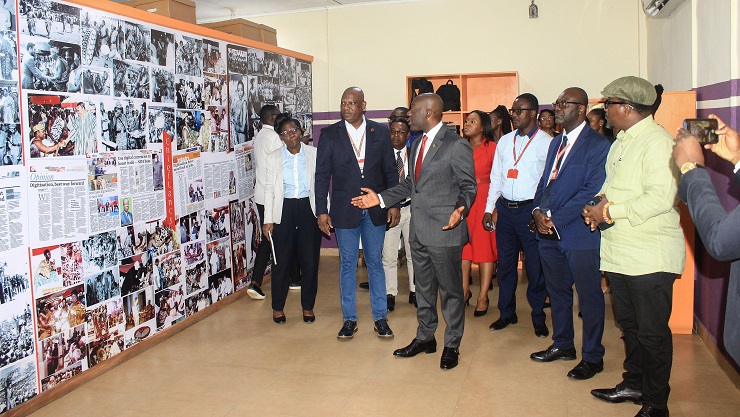 Paa Grant (2nd from right), Consultant, conducting Kojo Oppong Nkrumah (middle), Minister of Information, round the Archives Department of Graphic. Looking on are Ato Afful (left), MD, Graphic Communications Group Ltd, and other management staff and consultants of Graphic. Picture: ERNEST KODZI