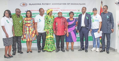 Nana Konadu Agyeman-Rawlings (5th from left), former First Lady, with Dr Mavis Sakyi (3rd from left), Ag Head of Public and Health Promotion, Ministry of Health; Dr Patrick Kuma- Aboagye (3rd from right), Director-General, Ghana Health Service; Dr Charles Mensah Cofie (5th from right), Chairman, Glaucoma Working Group, and Harrison Kofi Abutiate (4th from left), President of Glaucoma Patients Association of Ghana. With them are other dignitaries.