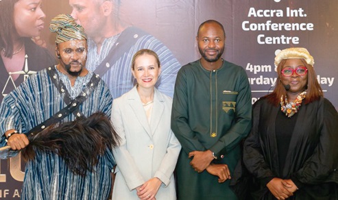 Daniela d'Orlandi (2nd from left), Italian Ambassador to Ghana, Latif Abubakar (2nd from right), playwright, and some members of the cast after the launch