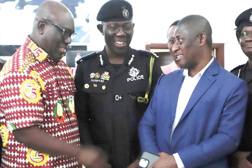 Dr Yaw Baah (left), Secretary-General of TUC, George Akuffo Dampare (2nd from left), Inspector General of Police, and Samuel Tettey, Deputy Commissioner in charge of Operations, Electoral Commission, in a discussion during the forum. Picture: EDNA SALVO-KOTEY