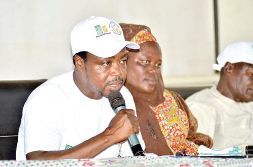 Dr Charles Kwowe Nyaaba (left), Chief Executive Officer of Akuafo Nketewa Company Limited, addressing participants 