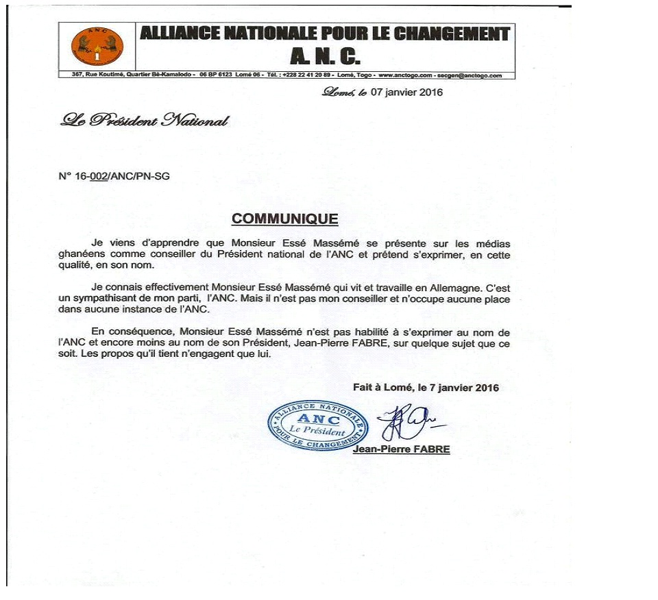 Togo ANC letter