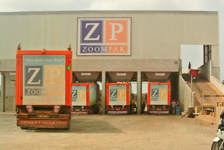 Trucks at the loading bay of the  Zoompak Waste Transfer Station at Teshie. 