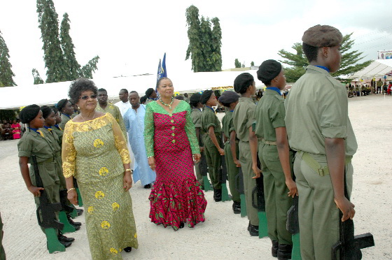 Mrs Florence Laast, the proprietress of the St Martin De Porres School and Ms Joyce Aryee, the Executive Officer of the Salt and Light Ministry, and former CEO of the Ghana Chamber of Mines, inspecting a guard of honour mounted by the school’s Cadet Corps.  Picture: LYDIA ESSEL-MENSAH