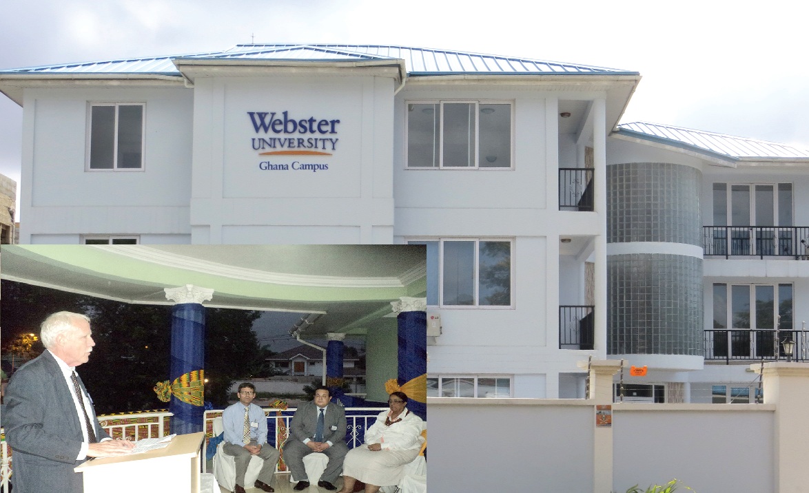 The front view of the Webster University campus in Accra. INSET: Dr Thomas Oates addressing the ceremony