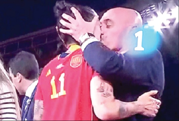 Luis Rubiales, Spanish football federation chief, kissing Jennifer Hermoso
