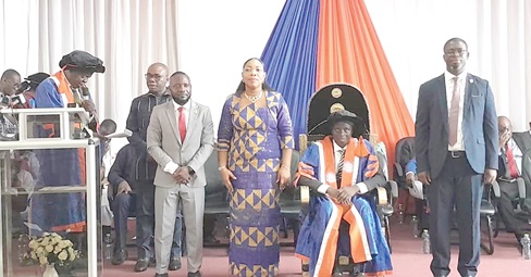 Prof. John Owusu (seated), Vice-Chancellor of the Koforidua Technical University, Prof. Richard Ohene Asiedu (right), Pro-Vice Chancellor, Evelyn Fafa Adom (standing from 2nd left), Registrar, and Rev. Prince Baffour-Ofori (left), Director of Finance of the KTU, after the induction