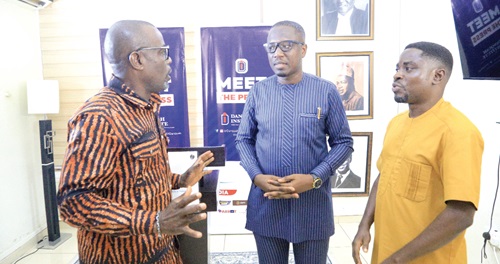 Dr Frank Bannor (middle) interacting with Dr Hayford Mensah Ayerakwa (left) of the University of Ghana and Philip Cobbina, a lecturer at GIMPA and fellow of the Danquah Institute, after the encounter with the media in Accra