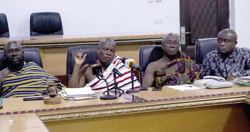Nsuase Poku Agyeman III (2nd from left), Otumfuo’s Akyeamehene, and a member of the subcommittee, addressing the media in Kumasi. With him are Asafo Boakye Agyeman Bonsu (2nd from right),  the Asafohene; Barima Amankwah Adunan Ababio II  (left), Kuntenasehene, and Nana Poku Agyeman (right), all members of the subcommittee of the Otumfuo’s 25th anniversary celebration. Picture: Emmanuel Baah