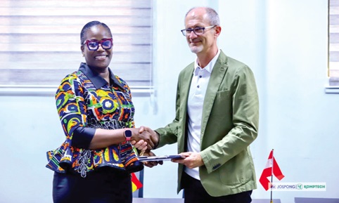 Akwelley Bulley-Kwakyi-Jospong Group's Chief Human Capital Resources Officer, exchanging signed MoU with Andreas Kunter, Knowledge Management Lead of Komptech at the launch of Jospong-Komptech Academy in Accra