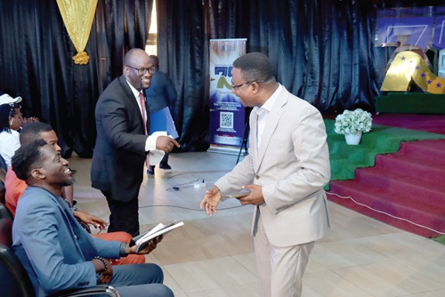 Noel Gyimah (right), Chief Investment Officer, Jospong Group of Companies, interacting with Jeffery Agyepong (left), Head, Youth and Inclusion Banking, Access Bank, and Prof. Amevi Acakpovi (middle), acting Vice-Chancellor, Accra Technical University, after his presentation to the students. Picture: ELVIS NII NOI DOWUONA