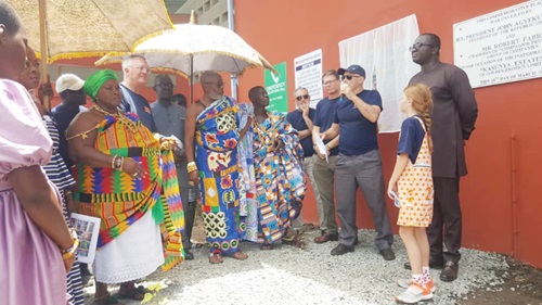 Chassang Olivier (3rd from right), Vice President, GEL, speaking before the unveiling of a plaque at a pack house constructed by the company with support from Bryan Acheampong (2nd from right), the Minister of Food and Agriculture, and Benedict Rich (4th from right), Managing Director of GEL