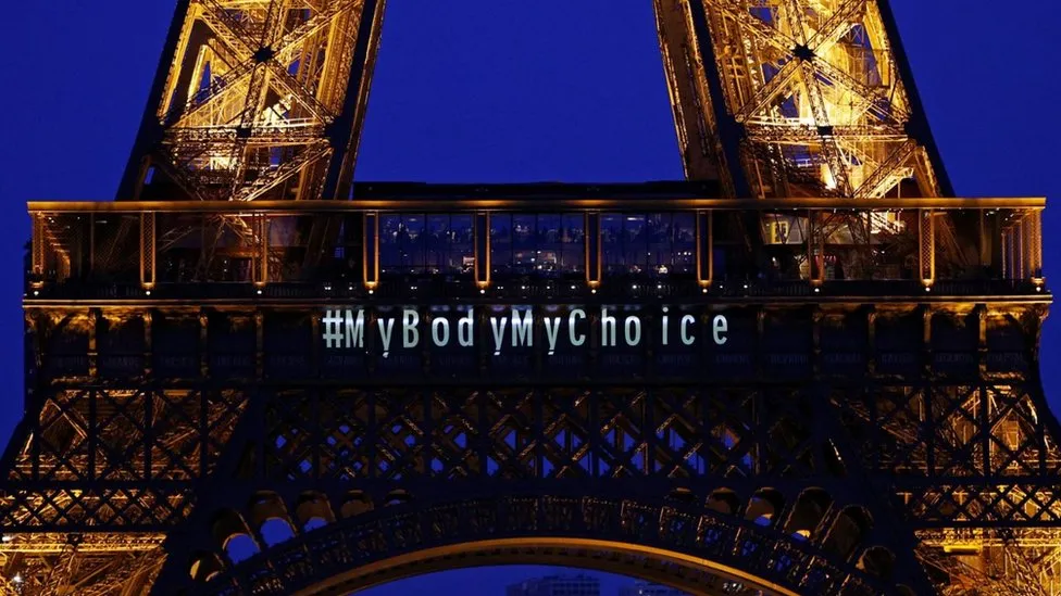 The Eiffel Tower lit up with the message "My body My choice" after the vote