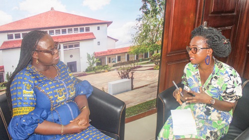 Augustina Tawiah (left), Staff Writer with the Daily Graphic, interviewing Nana Aba Appiah Amfo (right), Vice Chancellor of the University of Ghana, towards the celebration of the International Women’s Day on March 8, 2024.  Picture: ESTHER ADJORKOR ADJEI
