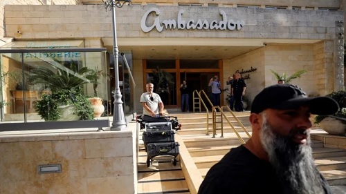 Media equipment was seen being taken out of the Ambassador Hotel, where Al Jazeera's Jerusalem office is based