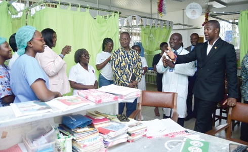 Dr Benard Okoe Boye (right), President’s representative at the Ministry of Health, interacting with some staff of the Maternity Ward of the Tema General Hospital, when he paid a working visit to the hospital. Picture: Emmanuel Quaye