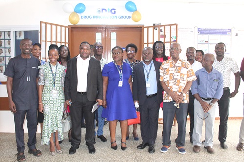 Prof. Richard Kwamla Amewu (left), Head of Chemistry Department, UG, with Prof. Linda Eva Amoah (4th from left), Associate Professor of Immunology, Immunology Department, NMIMR, UG, Prof. Boateng Onwona-Agyeman (3rd from right), Provost, College of Basic and Applied Sciences, UG, and other dignitaries after the ceremony. Picture: ERNEST KODZI