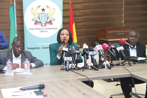 Jean Mensa (middle), Chairperson, Electoral Commission, addressing the press conference. With her are Dr Eric Bossman Asare (right), Deputy EC Chairman in charge of Corporate Services, and Samuel Tettey (left), Deputy Chairman, Operations, Electoral Commission. Picture: ELVIS NII NOI DOWUONA 